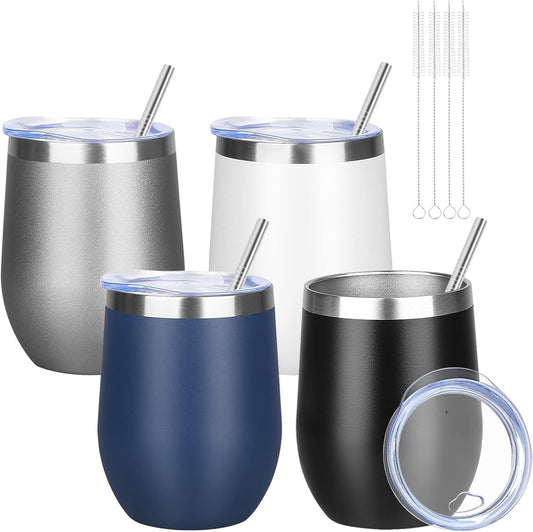 12oz/4 Pack Wine Tumbler Glasses with Lid Stemless Double Wall Vacuum Stainless Steel Travel Tumbler Keeping Cold & Hot for Wine,Coffee,Cocktails,Drinks-Family and Gifts (Multi color-dark)
