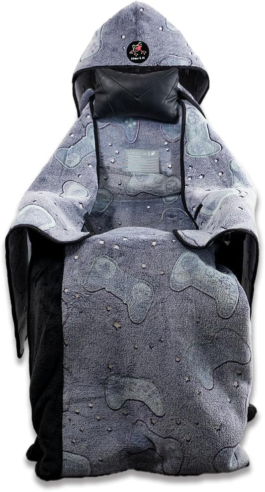 LEVEL UP WRAP® – Glow-in-The-Dark Gaming Chair Blanket with Hood | Cozy, Oversized Fit | Secure Attachment | Easy-Wash, Eco-Friendly Fleece | Gamer Gift | Pattern: Cosmic Controllers