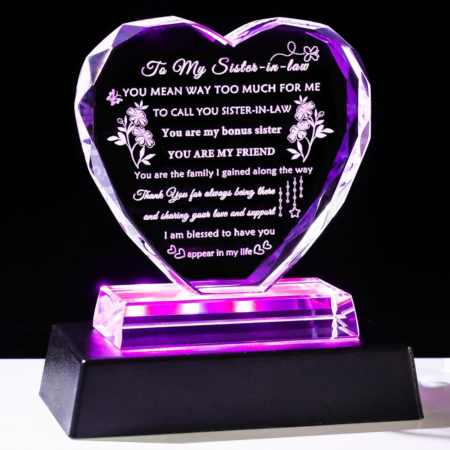 YWHL Best Sister in Law Gifts with Colorful LED Base Heart Crystal Keepsake Wedding Birthday Gifts for Sister in Law Unique Sister in Law Gifts Ideas for Christmas Mother's Day Thanksgiving