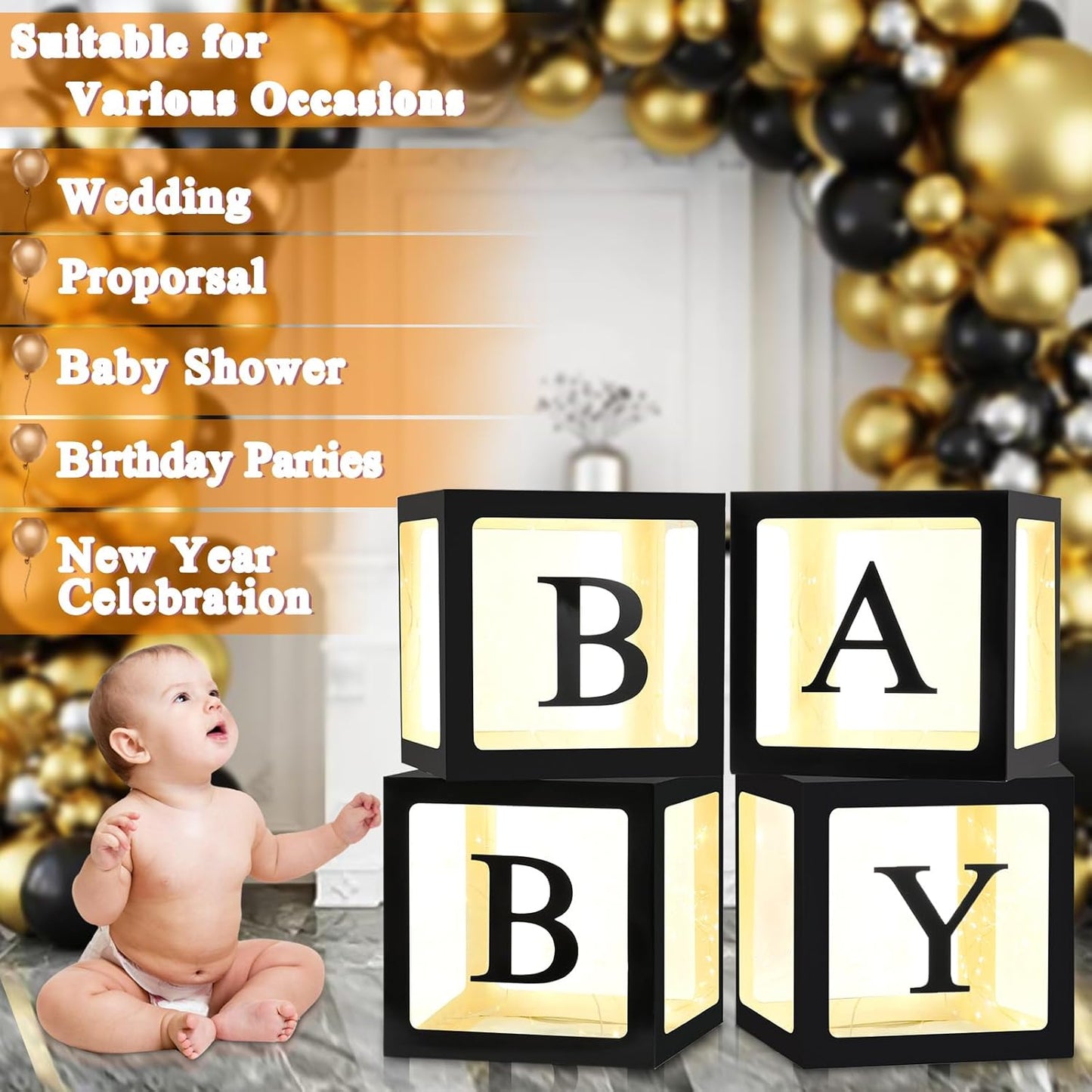 Ledido Baby Boxes with Letters for Baby Shower Decorations, 4 Pcs Transparent Balloon Boxes Blocks with Fairy String Lights, Clear Balloon Boxes for Boy Girl Gender Reveal Party Backdrop (Black)