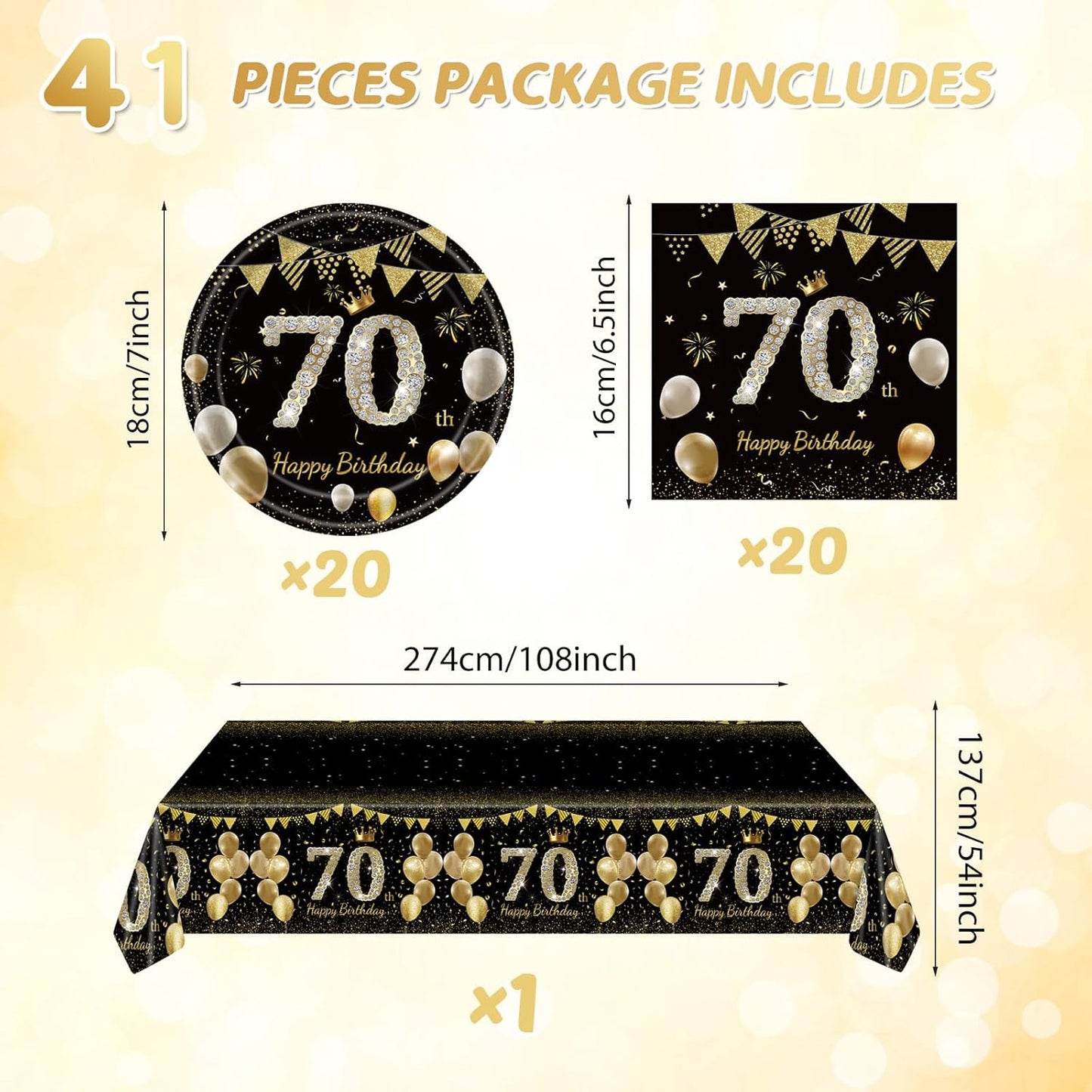 41Pcs 70th Birthday Decorations for Men Women, Black Gold 70 Year Old Birthday Party Supplies Include 20 Plates 20 Napkins and 1 Tablecloth, Black Gold 70 Aged Birth Party Tableware