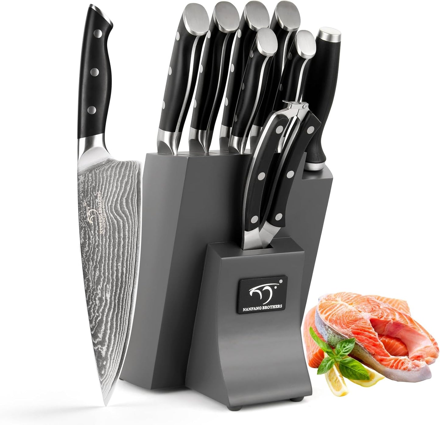 NANFANG BROTHERS Knife Set, 9 Pieces Damascus Kitchen Knife Set with Block, ABS Ergonomic Handle for Chef Knife Set, Knife Sharpener and Kitchen Shears, Knife Block Set