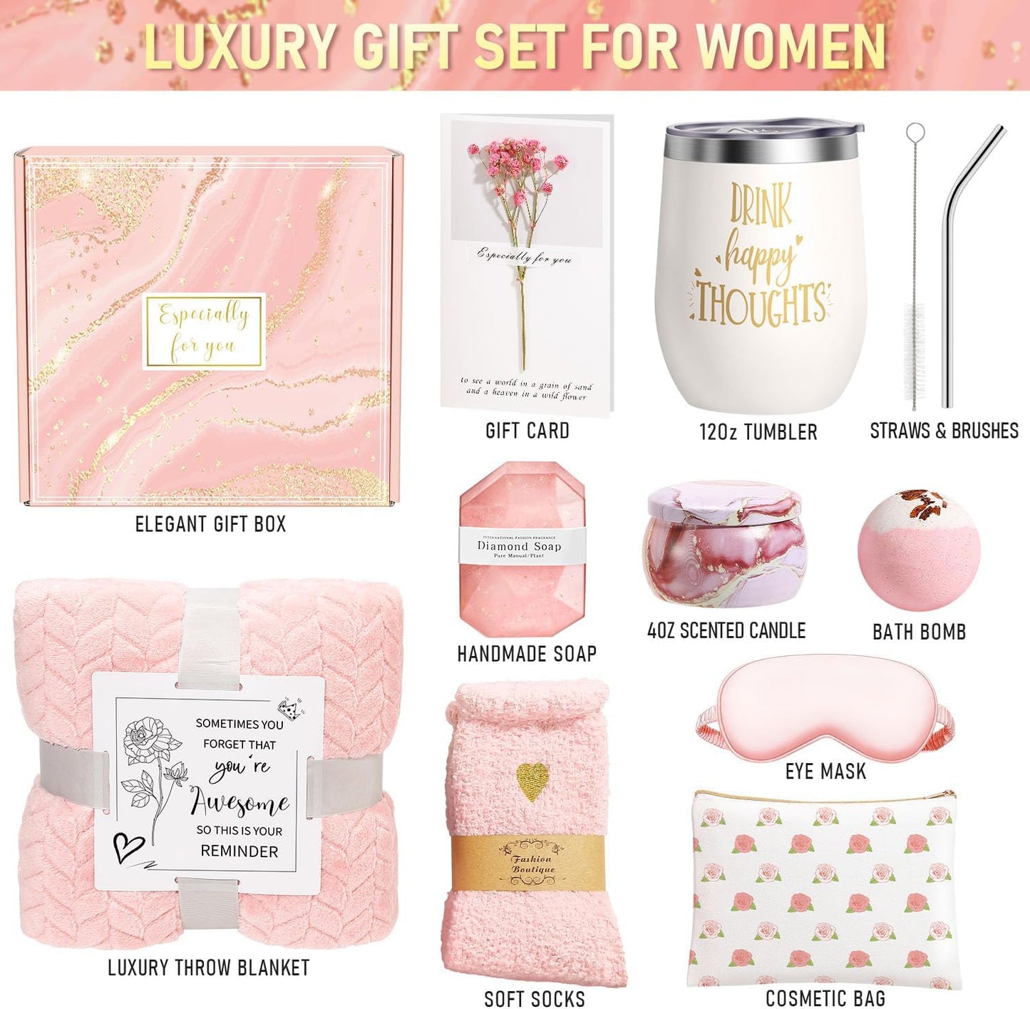 Happy Birthday Gifts for Women Self Care Gift, Relaxing Care Package Get Well Soon Spa Gift Basket with Luxury Blanket, Mothers Day, Brithday Gifts for Mom Her Friend Sister Wife