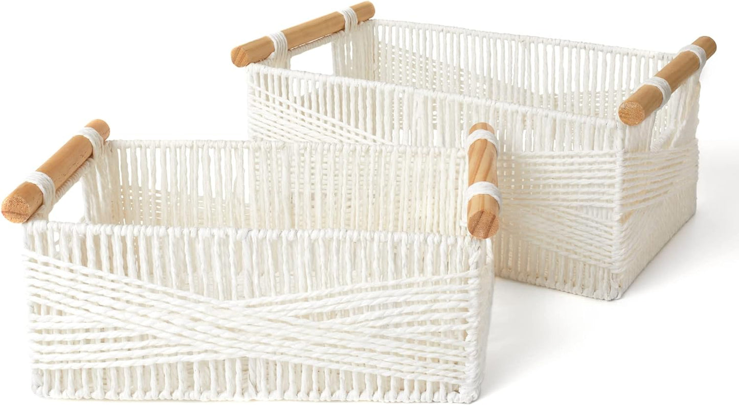 LA JOLIE MUSE Wicker Storage Baskets for Organizing, Recyclable Paper Rope Basket with Wood Handles, Decorative Hand Woven Basket Organizers for Makeup Books Shelves Living Room, White, Set of 2