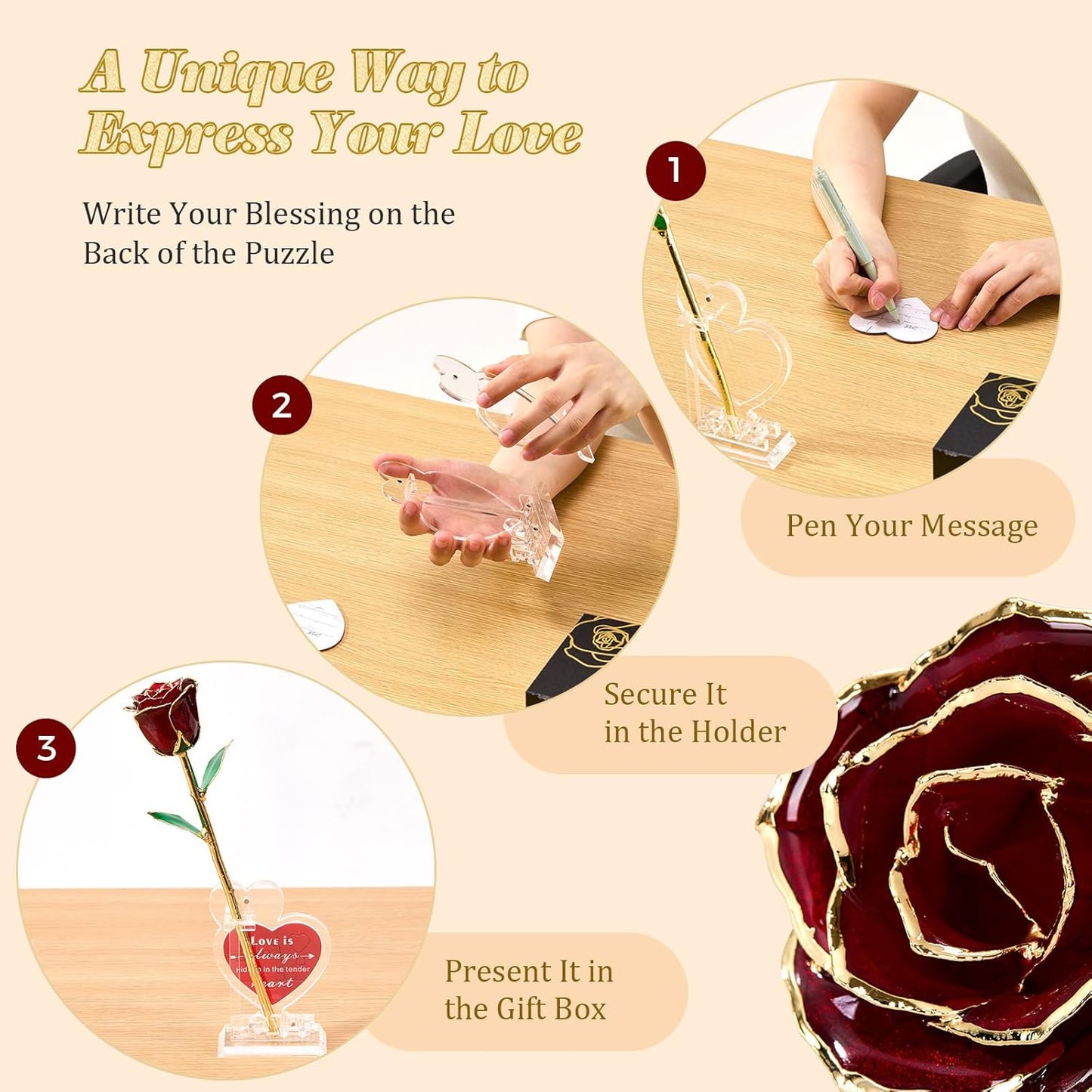 Mikasol Real 24K Gold Dipped Realistic Rose – Timeless Lifelike Bloom with Heart Puzzle Base – Romantic Gradient Red Flower Gift for Her, Wife, Girlfriend, Mom – Birthday, Anniversary, Mother’s Day
