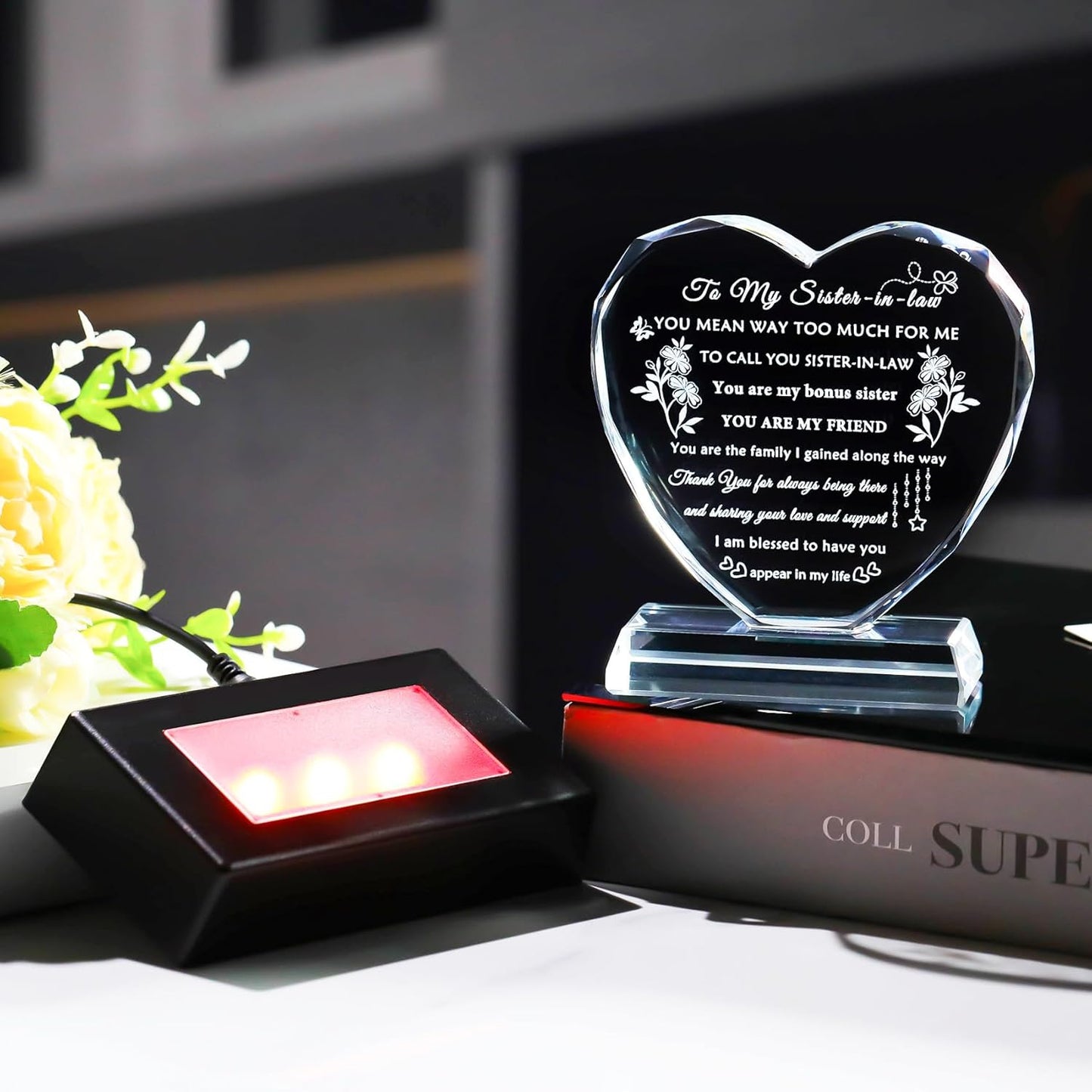 YWHL Best Sister in Law Gifts with Colorful LED Base Heart Crystal Keepsake Wedding Birthday Gifts for Sister in Law Unique Sister in Law Gifts Ideas for Christmas Mother's Day Thanksgiving