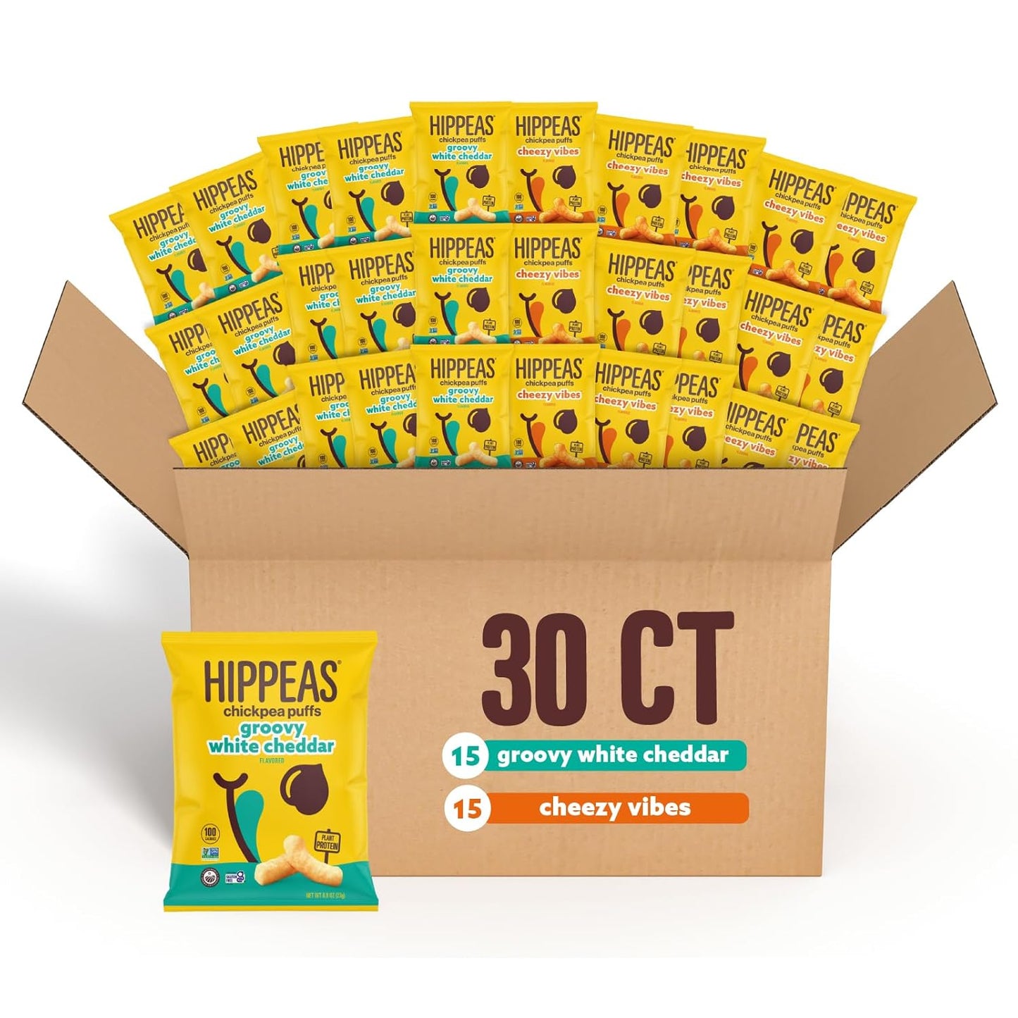 Hippeas Chickpea Puffs, Variety Pack: Vegan White Cheddar, Nacho Vibes, 0.8 Ounce (Pack of 30), 3g Protein, 2g Fiber, Vegan, Gluten-Free, Crunchy, Plant Protein Snacks