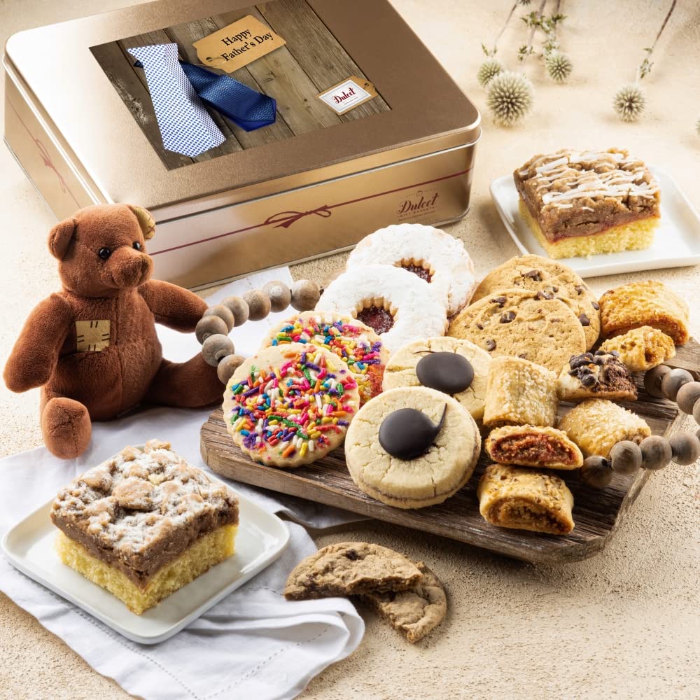 Dulcet Gift Baskets Father’s Day Deluxe Bakery Mix of Assorted Cookies and Pastries with Decorative Teddy Bear for Men, Dad, Boyfriend, Son, Grandfather, and Coworker.