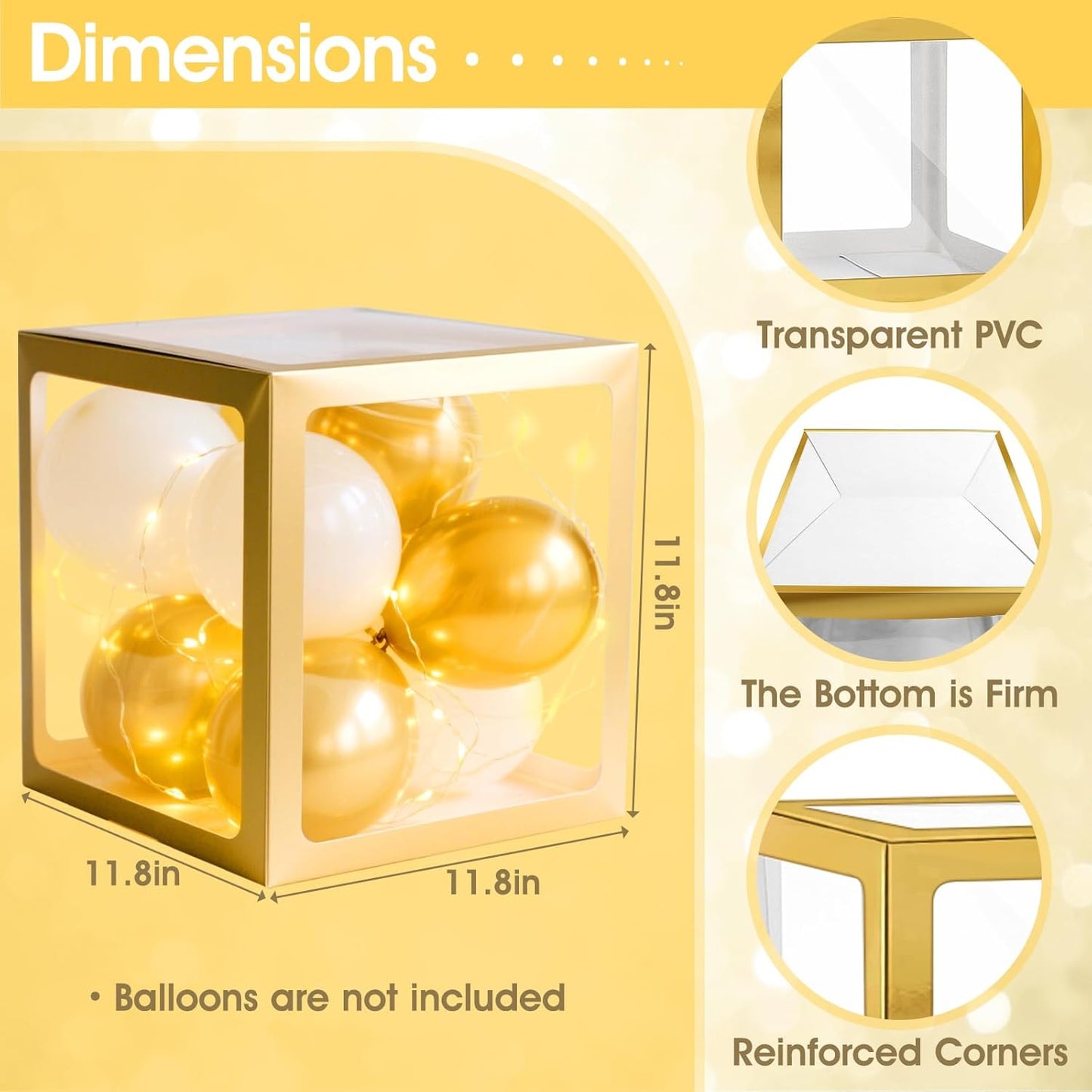 Ledido Transparent Balloon Boxes, Clear Balloon Boxes with 5 Pcs String Lights and 78 Letters for Baby Shower Gender Reveal Birthday Party Anniversary Bridal Wedding Grad Decor - 5 Gold Boxes