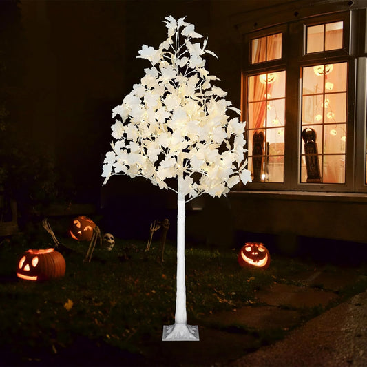 6FT 120LED Artificial Lighted White Maple Tree, Fall Tree with Dual-Tone Lights (Cold & Warm White) Halloween, Thanksgiving, Autumn Harvest Outdoor Indoor Home Decor