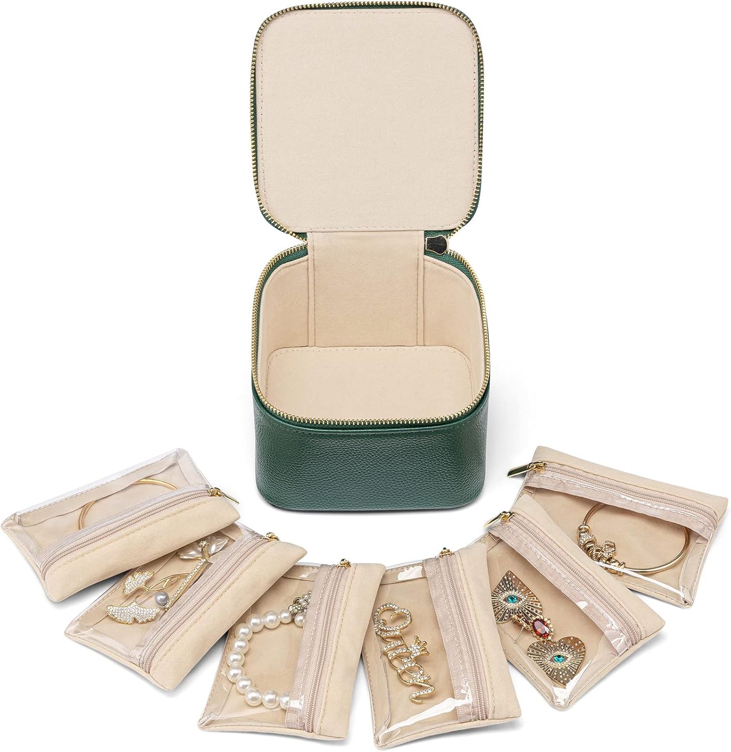 Vlando Gifts for Teachers,Travel Jewelry Box with 6 Velvet Jewelry Zipper Pockets Jewelry Case Premium Petal Hardware Travel Jewelry Organizer Graduation Gifts (Green)
