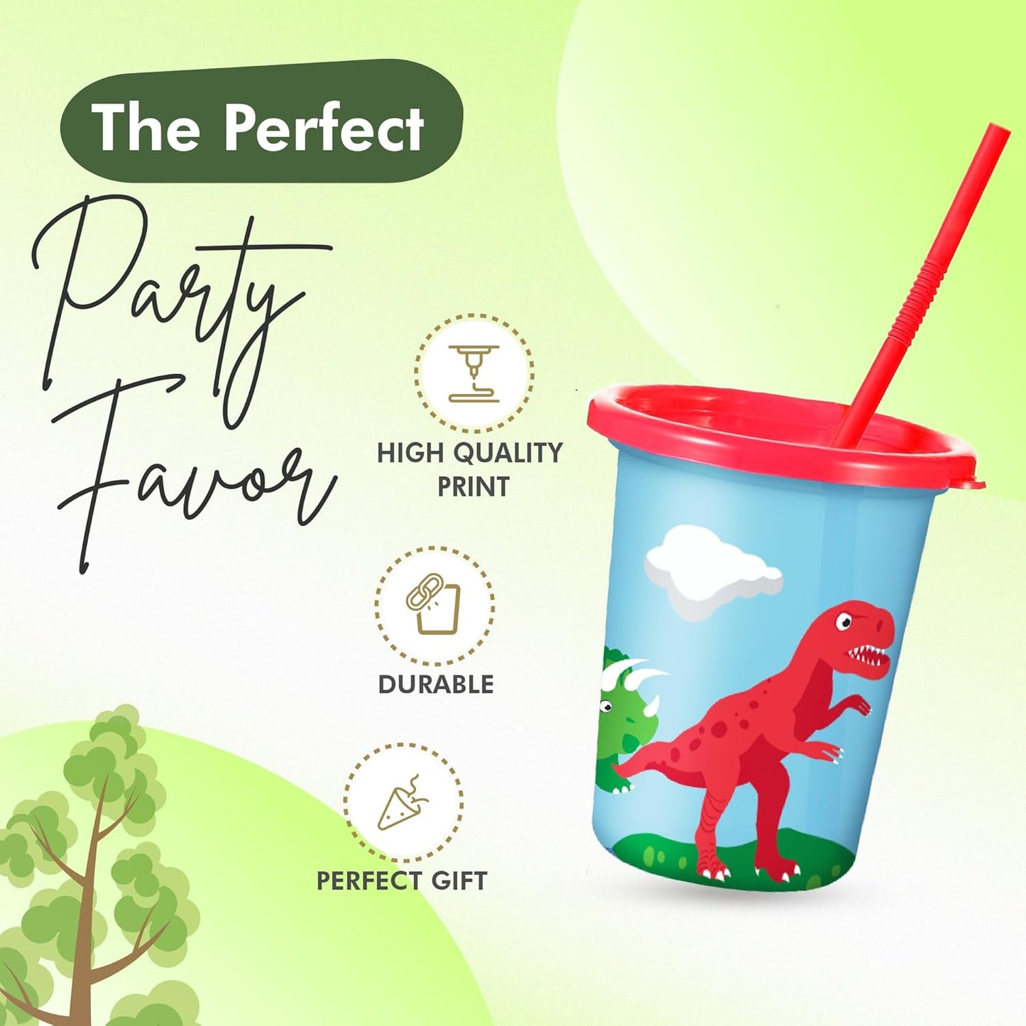 Dinosaur Cups for Kids with Straw and Lid, Set of 12 - Party Dino Cups - Perfect Boy or Girl Dinosaur Birthday Decorations