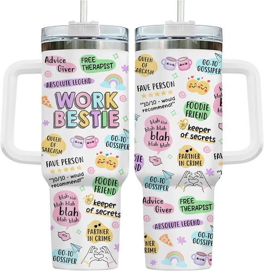 34HD Funny Work Bestie Tumbler with Lid Handle Straw, 40oz Insulated Friend Cup Stainless Steel, Coworker Coffee Mug, Coworker Birthday Gifts for Women Soul Sisters