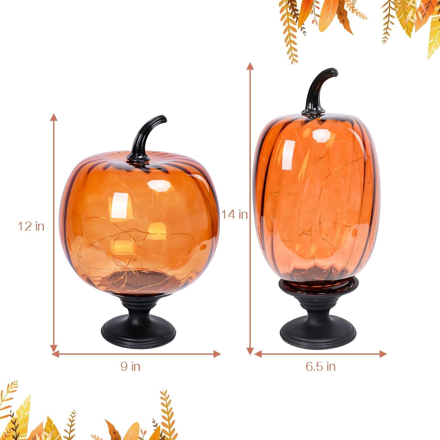 Glass Pumpkin Lights with Warm Yellow LED String, Set of 2 – 13.4” & 11.8” Tall Amber Glass Pumpkins for Fall, Halloween, Thanksgiving Table Centerpiece, Indoor Autumn Home Decor