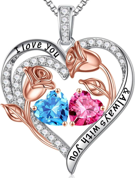 Iefil Birthstone Necklace for Women - 925 Sterling Silver Rose Heart Birthstone Necklace Birthday Anniversary Jewelry Gifts for Her Wife Mom Daughter