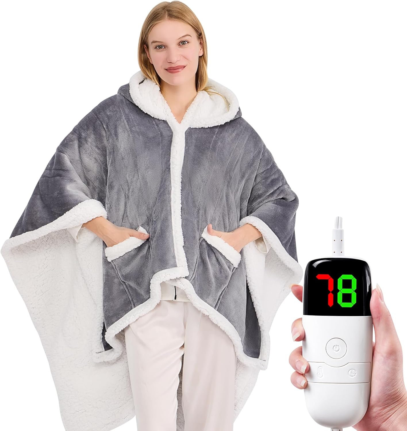 greenoak Wearable Heated Throw Blanket Electric Shawl - Heated Robe Poncho Blanket Hoodie for Adult, Winter Gifts for Mom Women Girlfriend Grandma 5-Position Timer 10-Heating Levels,Grey