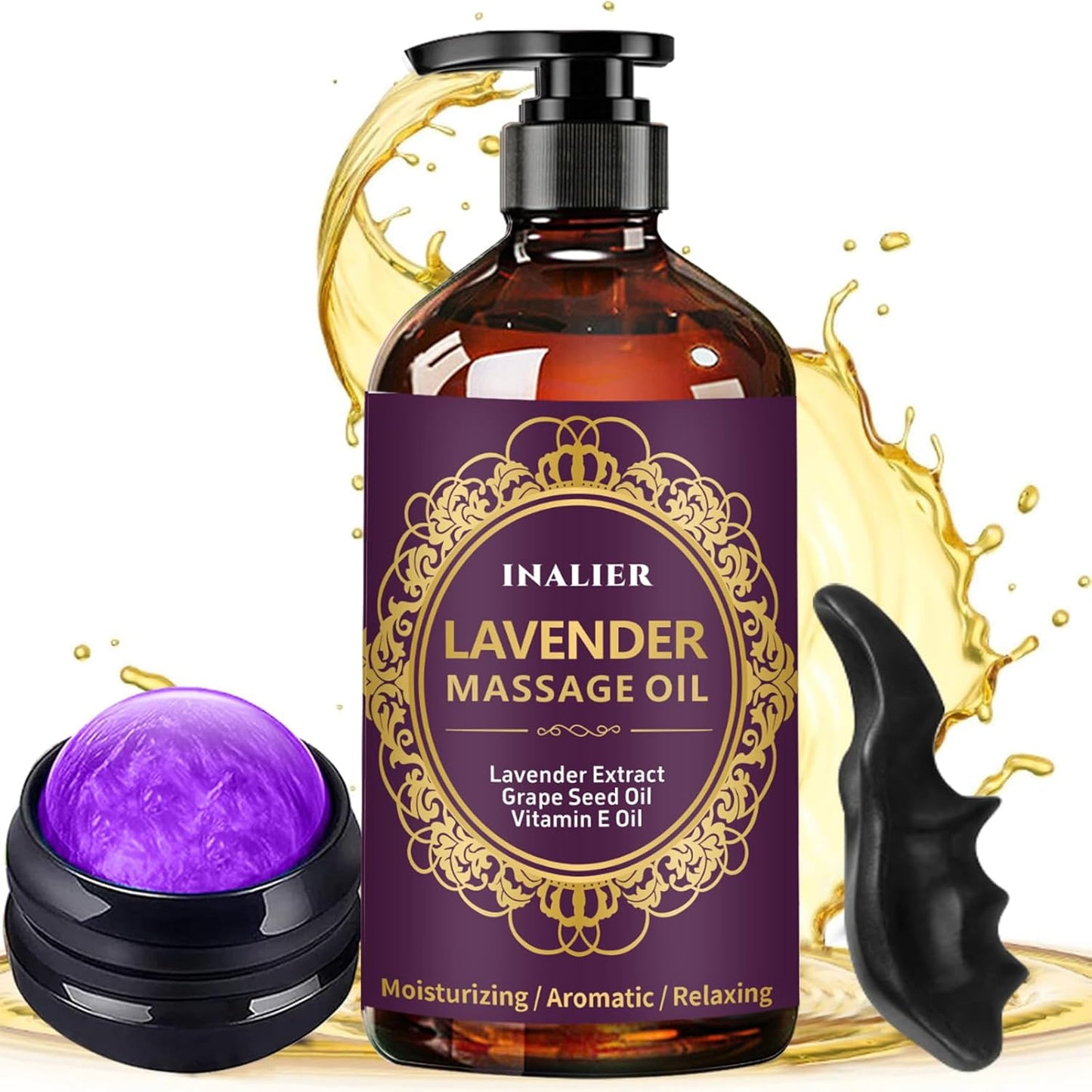 Massage Oil for Massage Therapy,Lavender Oil with Massage Roller Ball & Thumb Saver Massager,SPA Relaxing Massage Oi for Soothing,Massage Kit Spa Gifts for Him Her,Gifts for Men Women