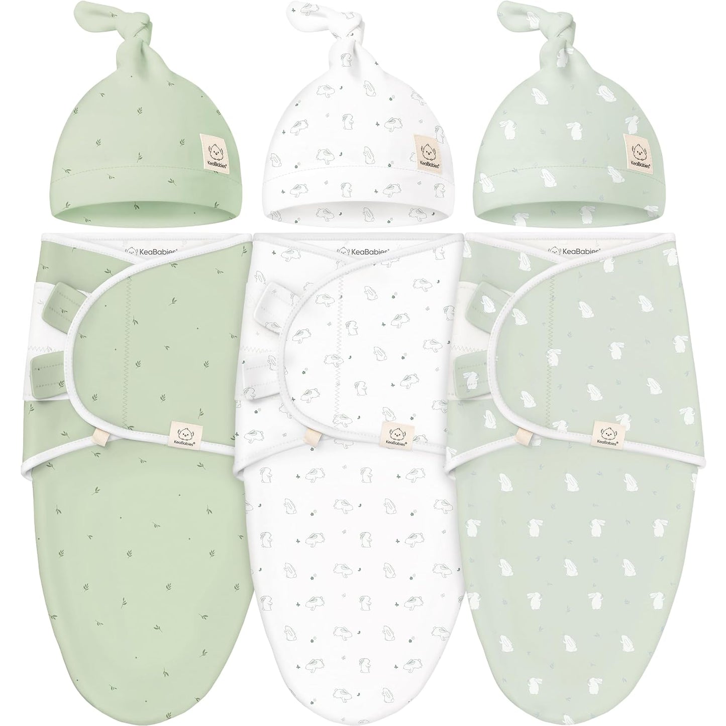 KeaBabies 3-Pack Swaddles for Newborns, Girls, Boys with Hats - Organic Soft Baby Sleep Sacks, Breathable Baby Swaddle 3-6 Months Beanies Set, Premie Infant Sleep Sack 0-3 Months (Bunnies)
