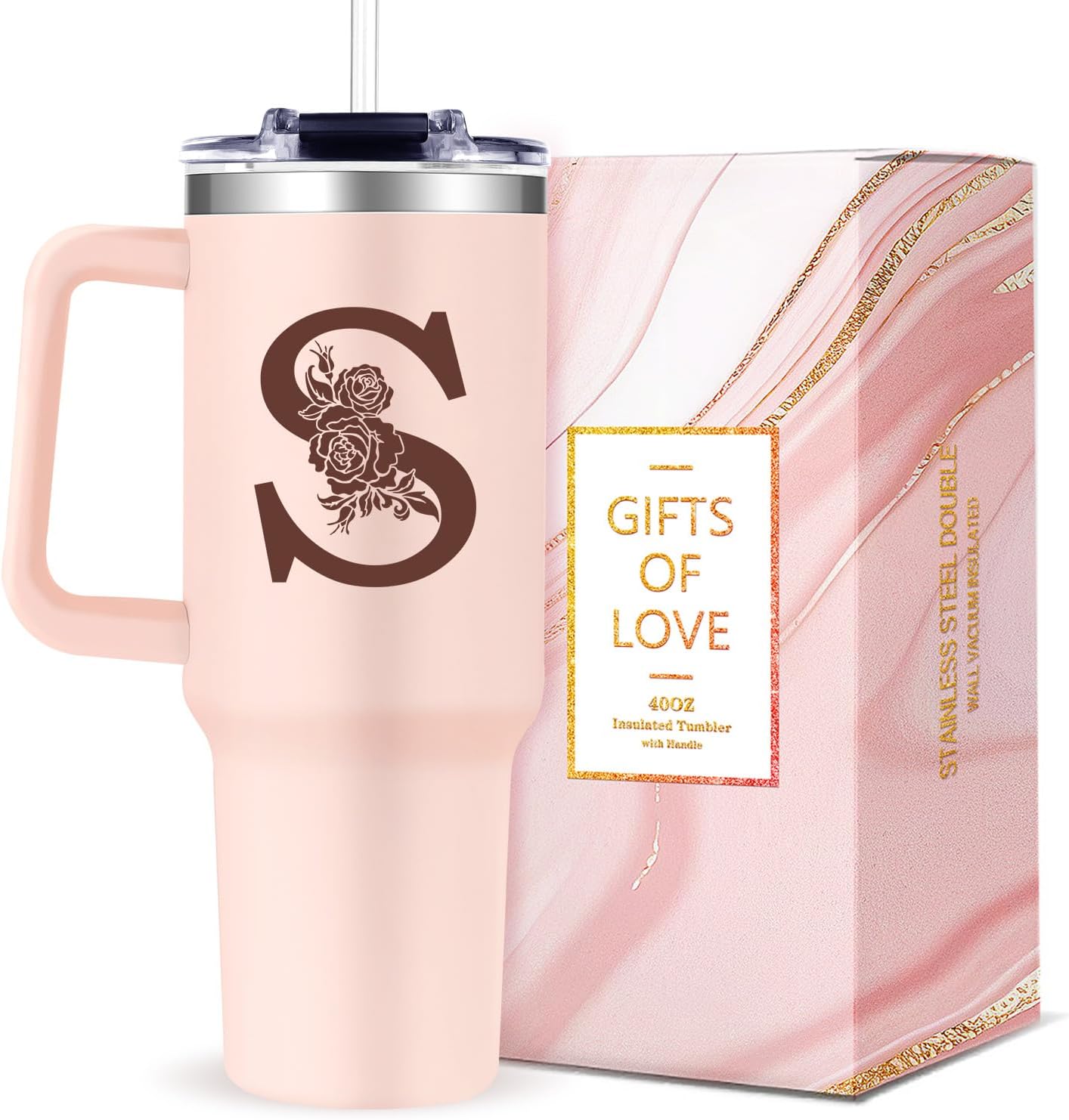 Monogrammed 40oz Tumbler with Handle for Women, Personalized Birthday Gifts for Women,Initial Cups for Woman Pink Letter S,Customized Gifts for Female Lady Gift for Mothers Day Christmas