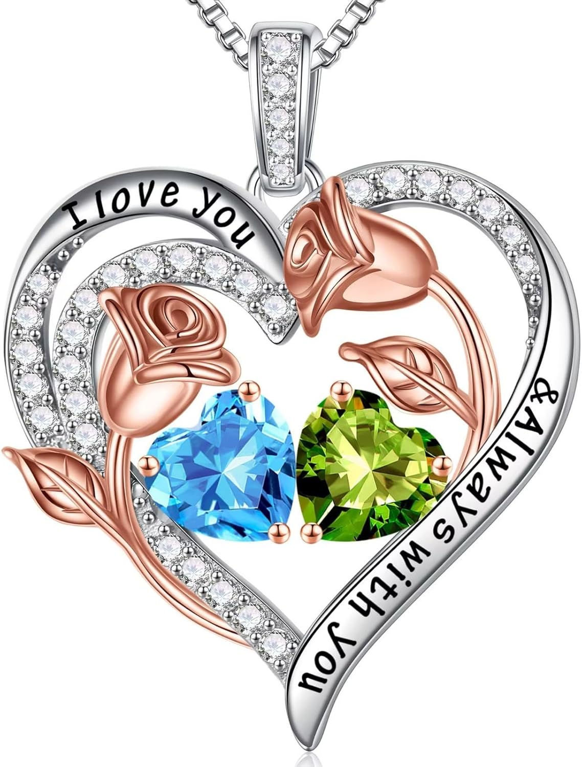 Iefil Birthstone Necklace for Women - 925 Sterling Silver Rose Heart Birthstone Necklace Birthday Anniversary Jewelry Gifts for Her Wife Mom Daughter