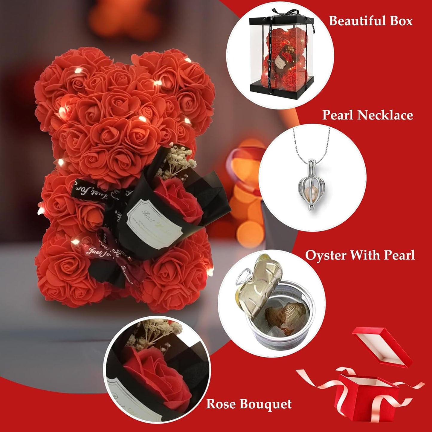 Mothers' Day Gift For Mom Grandma Red Rose Flower Teddy Bear Blind Box Pearl Necklace For Valentine’s day Birthday Holiday Gifts For Her, Wife Girlfriend Women Gift Wedding Anniversary Home Decor