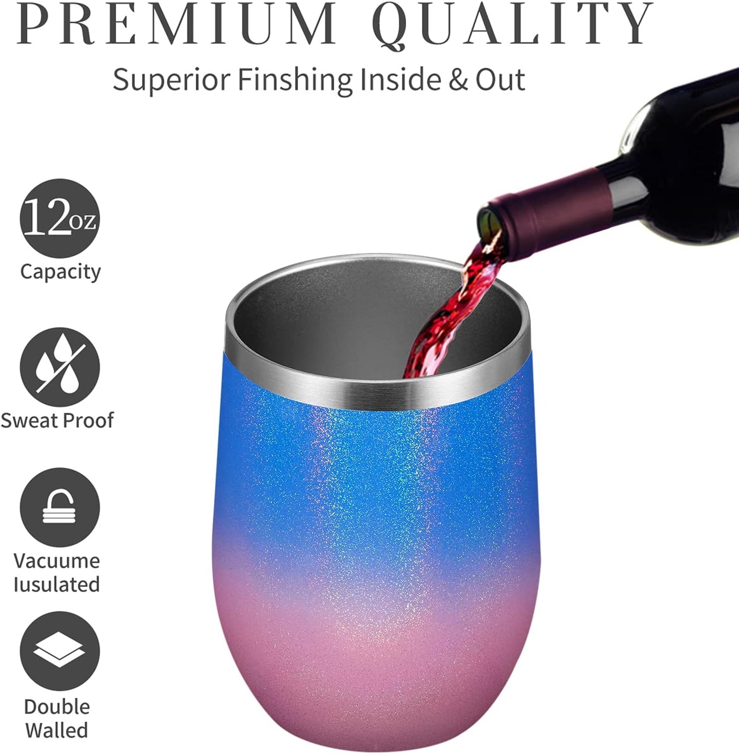 MEWAY 12oz/16 Pack Wine Tumbler Glasses with Lid - Stemless Double Wall Vacuum Stainless Steel Glitter Tumbler - Keeping Cold & Hot Cup for Coffee,for Women(Gradient Pink,Set of 16)