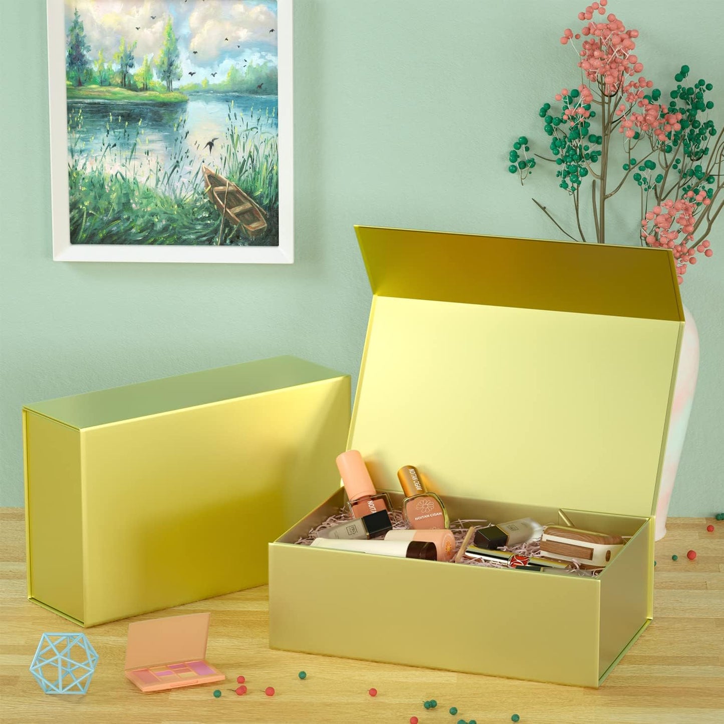Gold Gift Box, 9.5x6x3'' Gift boxes for Presents with Lids Magnetic Closure Rectangle Collapsible for Bridesmaid Proposal Box, Wedding, Christmas, Halloween, Birthday Gift Packging