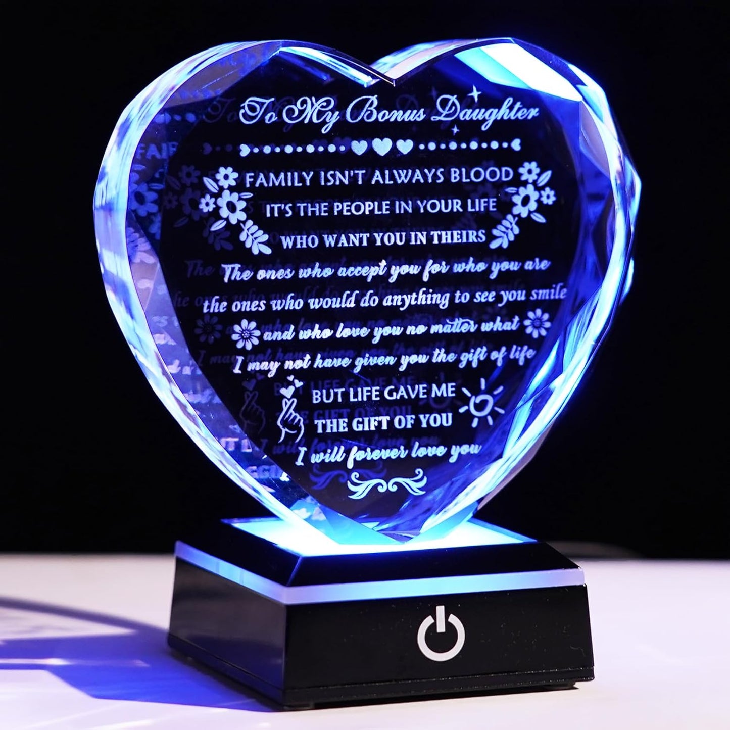 YWHL Bonus Daughter Gifts from Mom Dad Birthday Gifts for Bonus Daughter with Colorful Base Heart Shaped Crystal Keepsake To My Bonus Daughter Stepdaughter Gifts on Christmas Graduation Valentine's