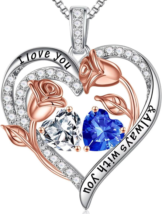 Iefil Birthstone Necklace for Women - 925 Sterling Silver Rose Heart Birthstone Necklace Birthday Anniversary Jewelry Gifts for Her Wife Mom Daughter