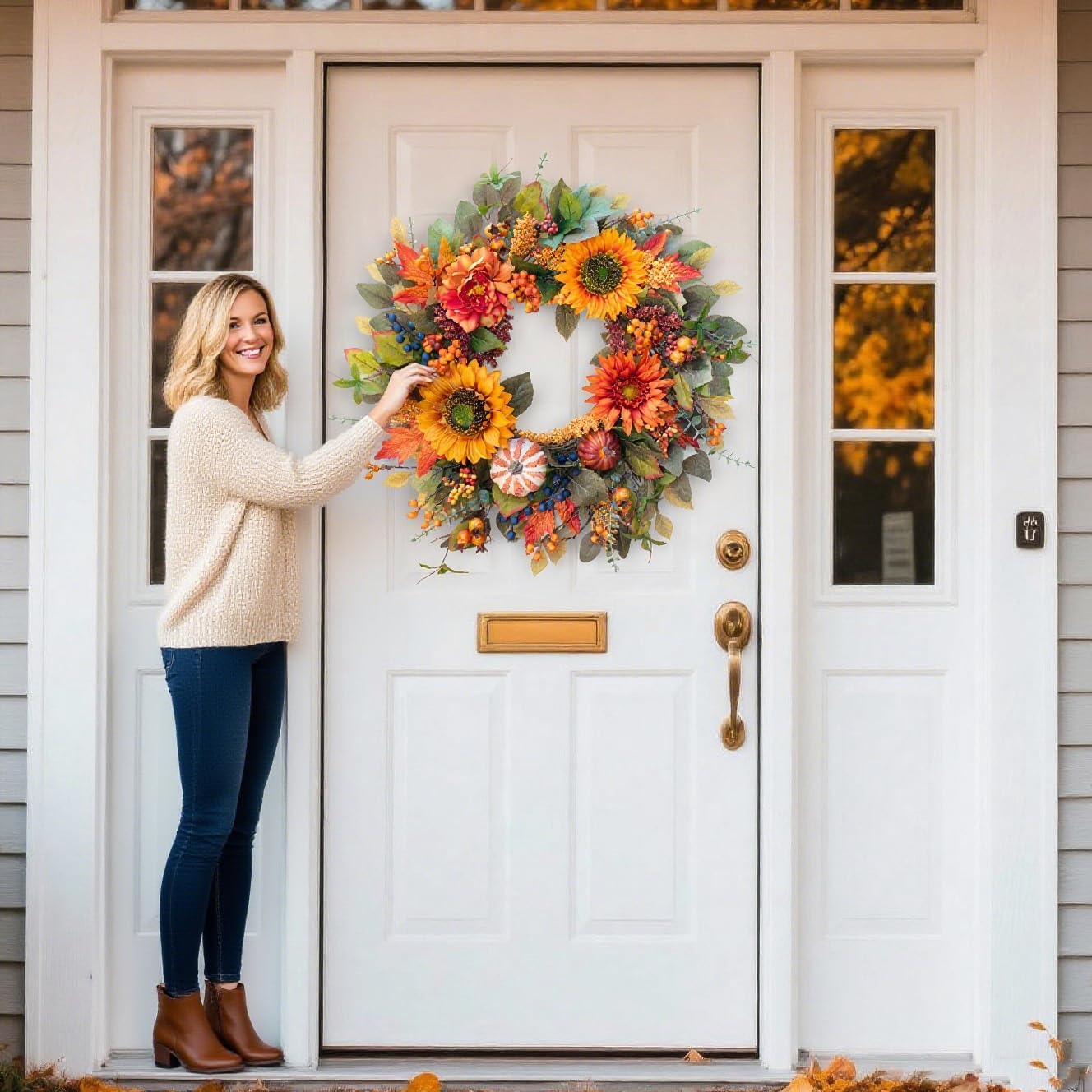 Fall Wreaths for Front Door β 24 Inch Autumn Wreath with Pumpkins, Sunflowers, Berries & Maple Leaves β Fall Door Wreath for Outdoor Thanksgiving, Halloween & Harvest Decor