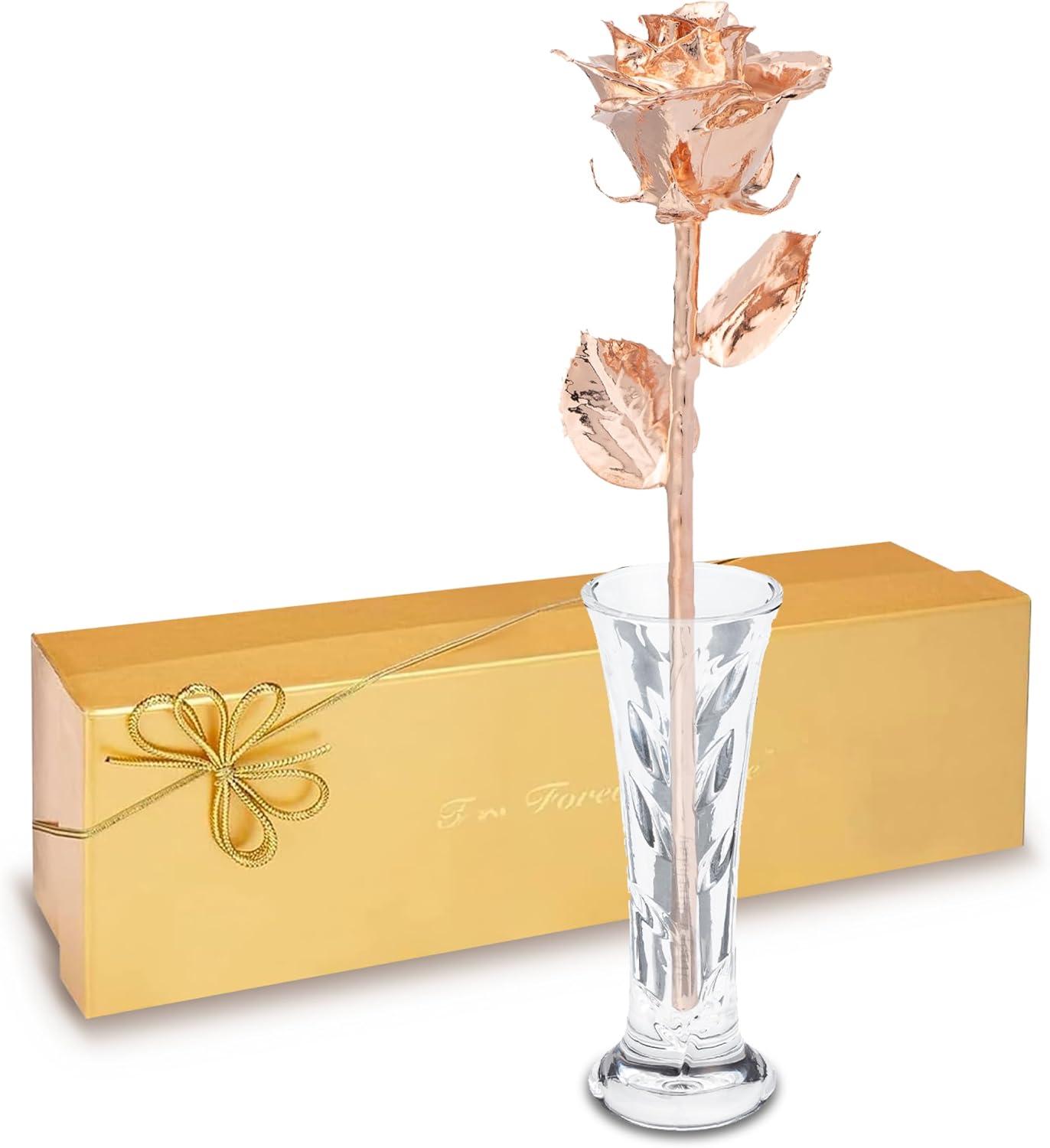 Forever Rose Real Rose Dipped in Rose Gold, Handcrafted Preserved Rose in Clear Glass Bud Vase and Luxury Gold Gift Box, Romantic Gift for Her, Elegant Keepsake for Anniversary, Birthday
