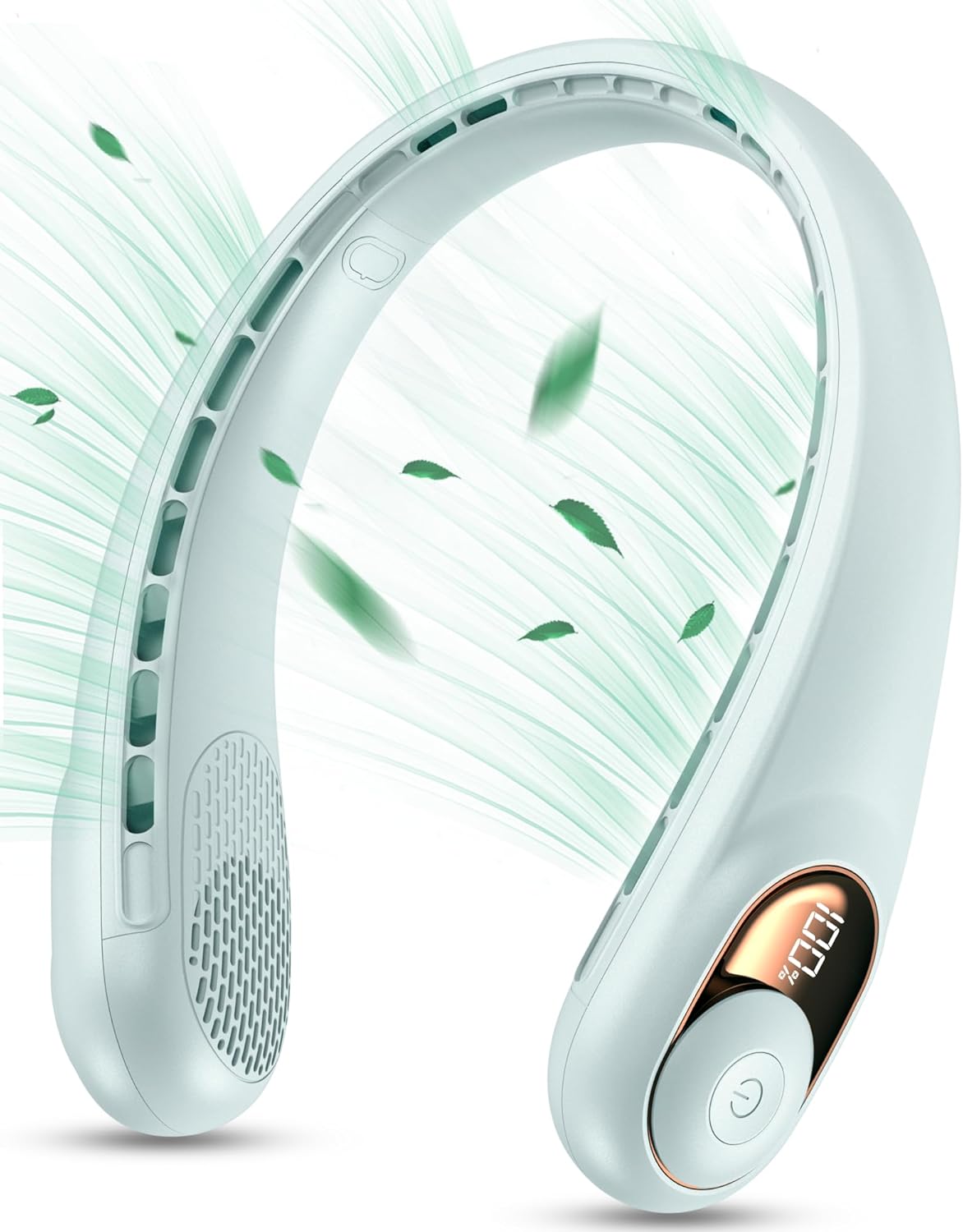 KIDEE Neck Fan, Portable Fan, Neck Fans Rechargeable, Upgraded LED Display, 4000 mAh Battery Operated, 3 Speeds Adjustable Personal Wearable Fan, Gifts for Women Men, Greenish White