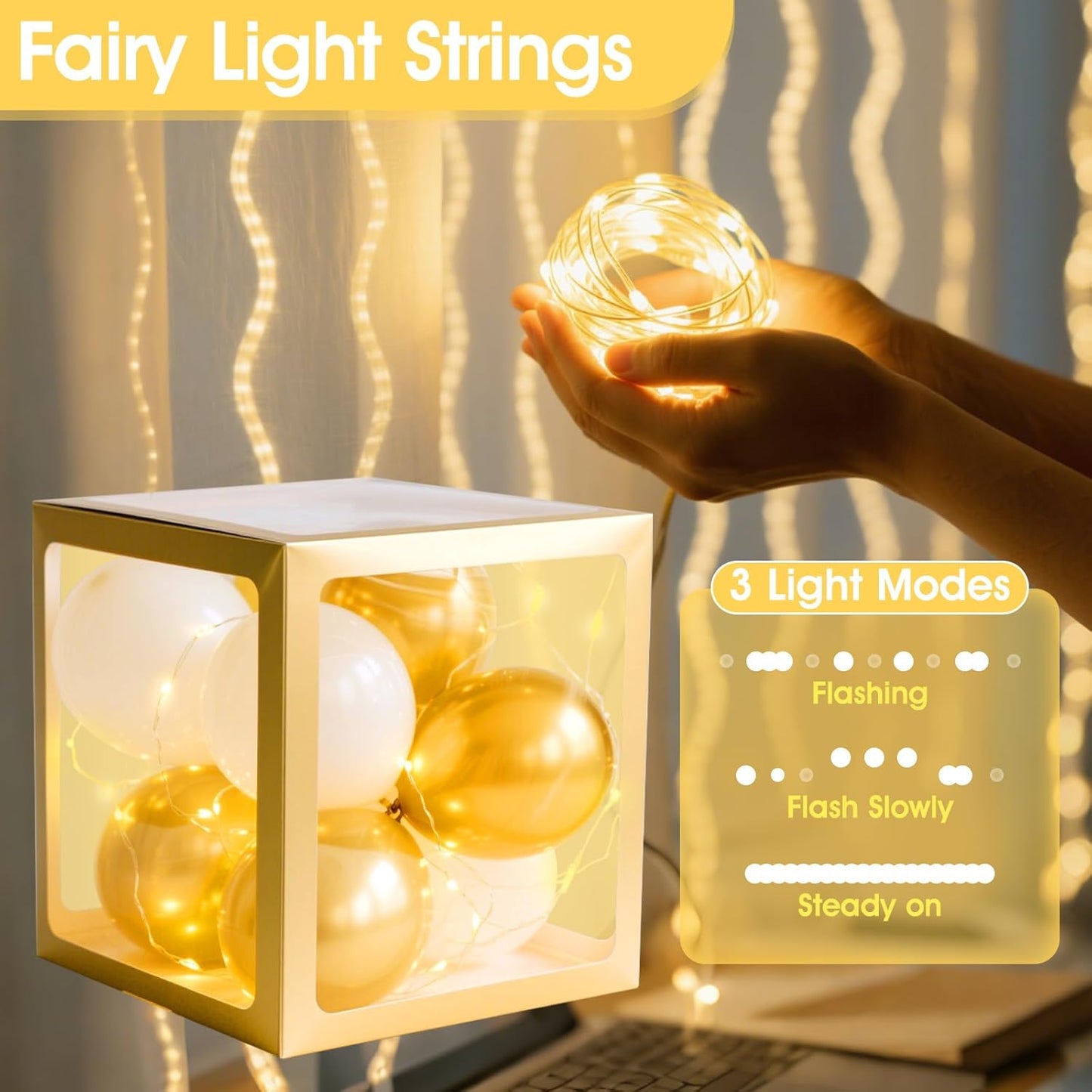 Ledido Transparent Balloon Boxes, Clear Balloon Boxes with 6 Pcs String Lights and 78 Letters for Baby Shower Gender Reveal Birthday Party Anniversary Bridal Wedding Grad Decor - 6 Gold Boxes