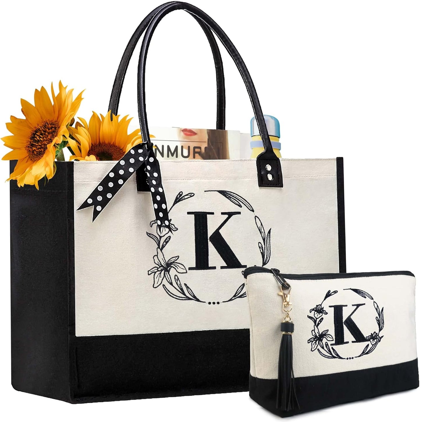 BeeGreen Birthday Gifts for Teachers Mom Nana Women Initial Tote Bag-for-Women, Friends-Mother Christmas Thank you with Embroidery Initial Monogram, Large Canvas Tote Bag K