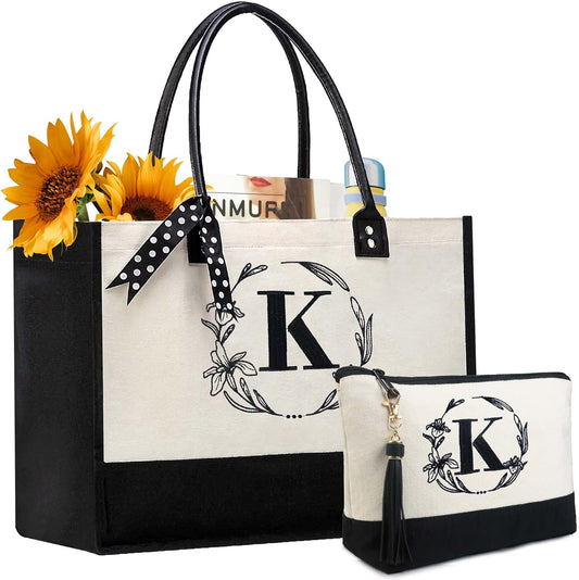 BeeGreen Birthday Gifts for Teachers Mom Nana Women Initial Tote Bag-for-Women, Friends-Mother Christmas Thank you with Embroidery Initial Monogram, Large Canvas Tote Bag K