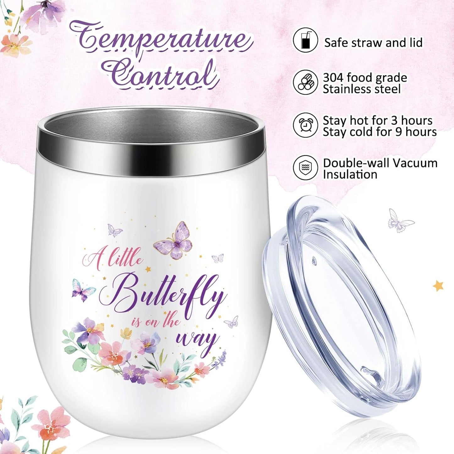 Hoolerry 6 Set Baby Shower Game Prizes for Guests Winners 12 oz Insulated Stainless Steel Tumbler Cup with Lids, Straws, Cleaning Brush, Cards & Boxes Return Gifts(Purple,Butterfly)