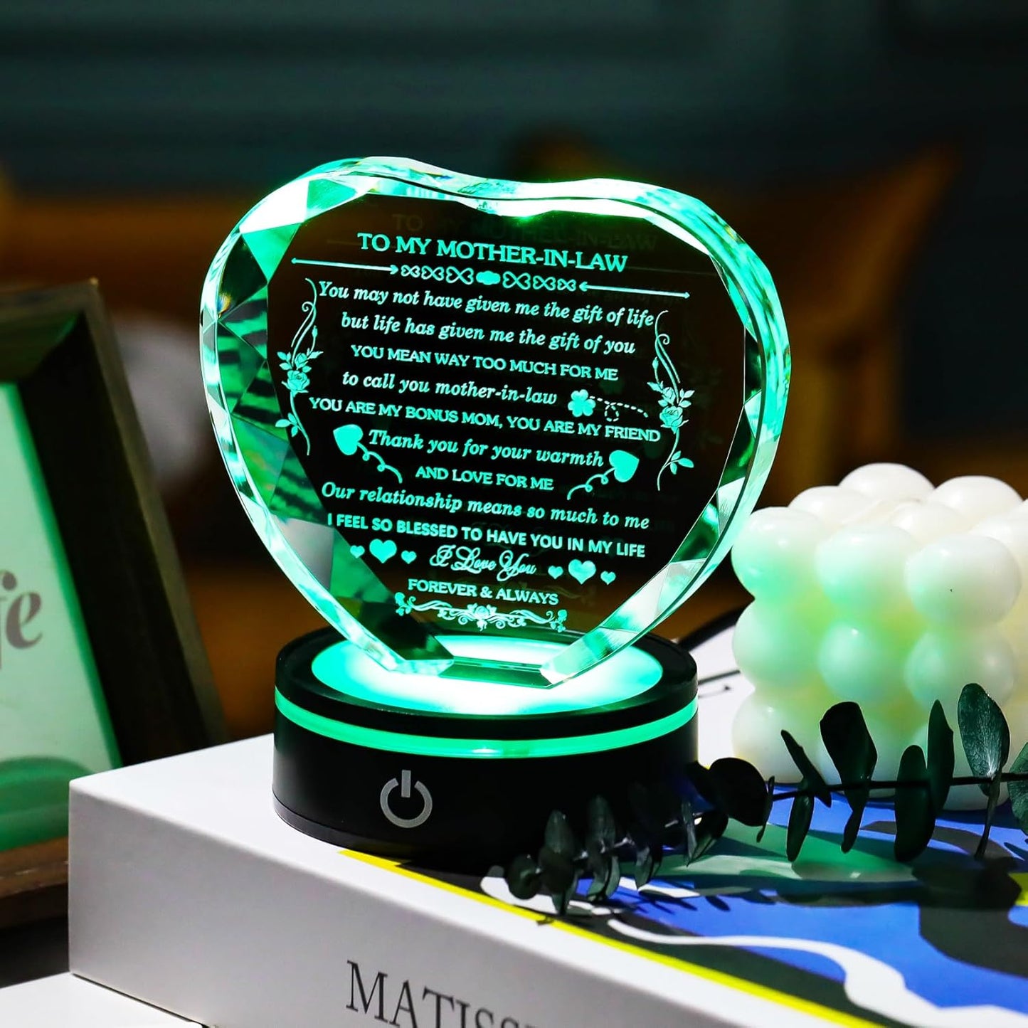 Gifts for Mother in Law with Colorful LED Base Unique Crystal Heart to My Mother in Law Mothers Day Christmas Birthday Gift Best Bonus Mom Gifts from Daughter/Son in Law
