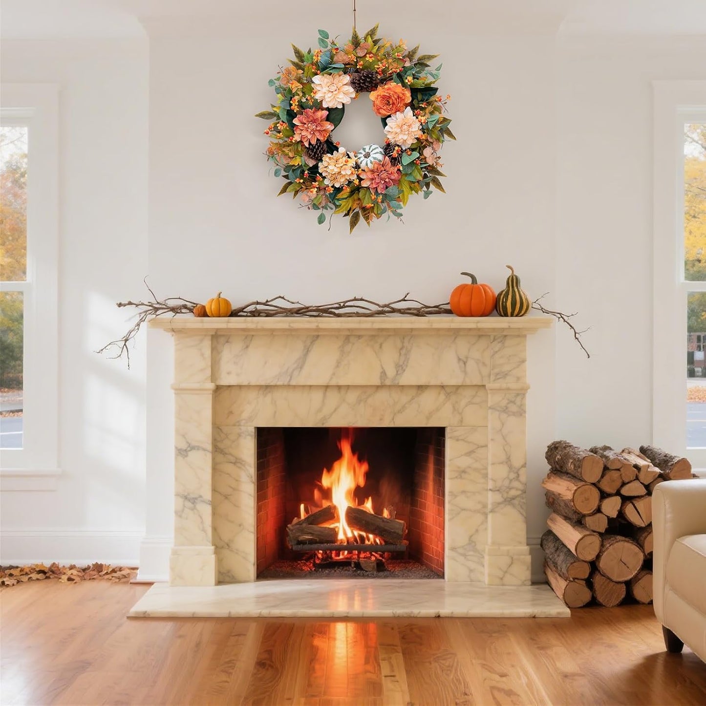 Fall Wreaths for Front Door Outside-24 Inch Autumn Wreath with Dahlia Flowers, Pumpkins, Pinecones, and Eucalyptus Leaves Large Fall Wreath for Thanksgiving, Halloween, Indoor Outdoor Door