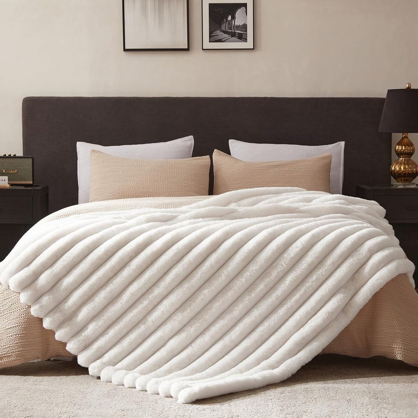 WDCOZY Faux Fur Throw Blanket Striped Super Soft Cozy Fluffy Luxurious Blankets Couch Bed Sofa Chair Home Decor Warm Furry Fall Winter Plush Lightweight Rabbit Fur Bubble Blanket 60" x 80", Ivory