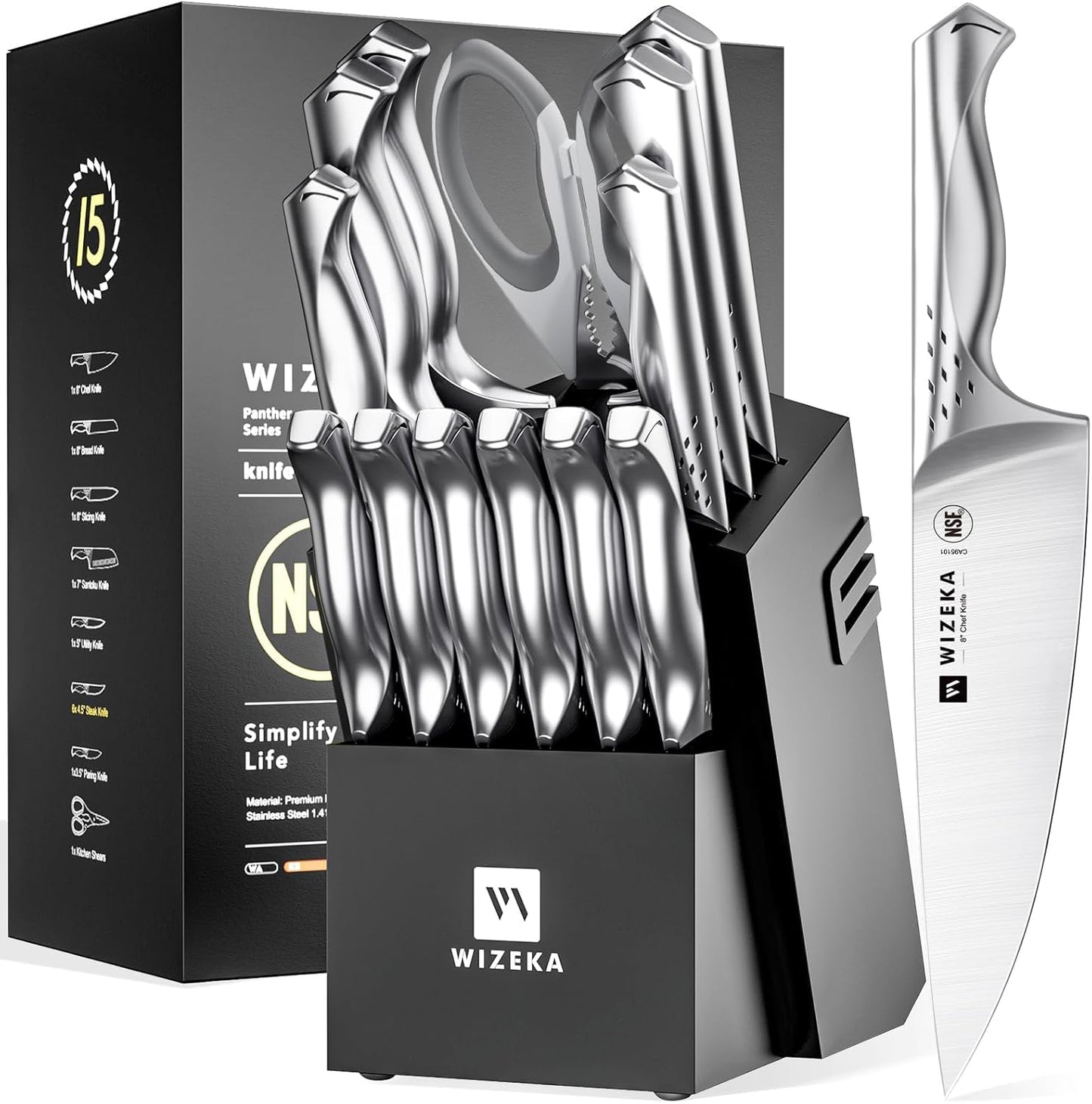 Kitchen Knife Set with Block: Razor Sharp 15 Pcs Professional Chef Knife Set with Knife Sharpener, Food Grade German Stainless Steel Knife Block Set, Jaguar Series