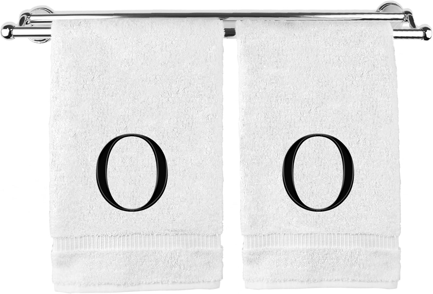 Monogrammed Hand Towel, Personalized Gift, Set of 2- Black Block Letter Embroidered Towel - Extra Absorbent 100% Turkish Cotton - Soft Terry Finish - Initial O White