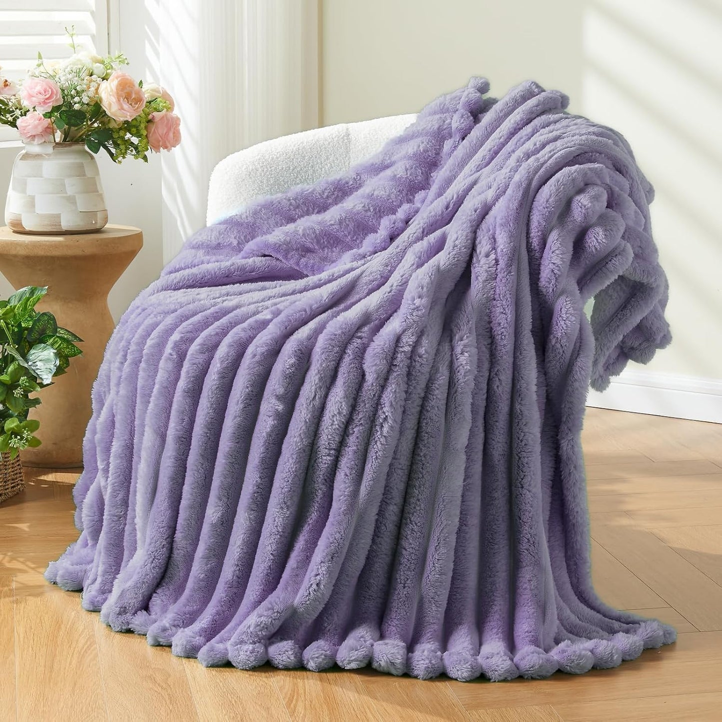NEWCOSPLAY Super Soft Throw Blanket Lavender Premium Silky Flannel Fleece 3D Ribbed Jacquard Lightweight Bed Blanket All Season Use (Lavender Ribbed, Throw(50"x60"))