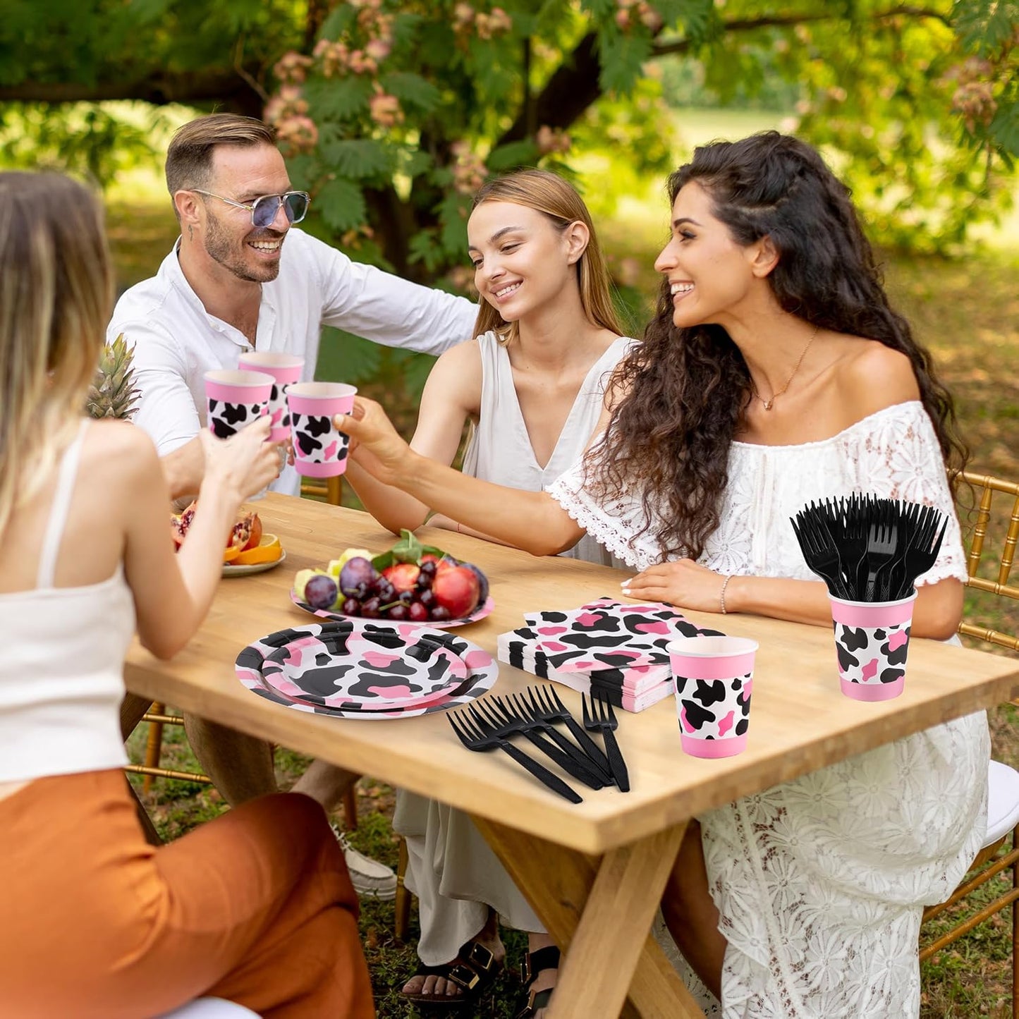 144 Pieces Pink Cow Print Party Tableware Sets Including Disposable Plates Napkins Cups Forks Serves 24 for Cow Theme Farm Animal Party Supplies