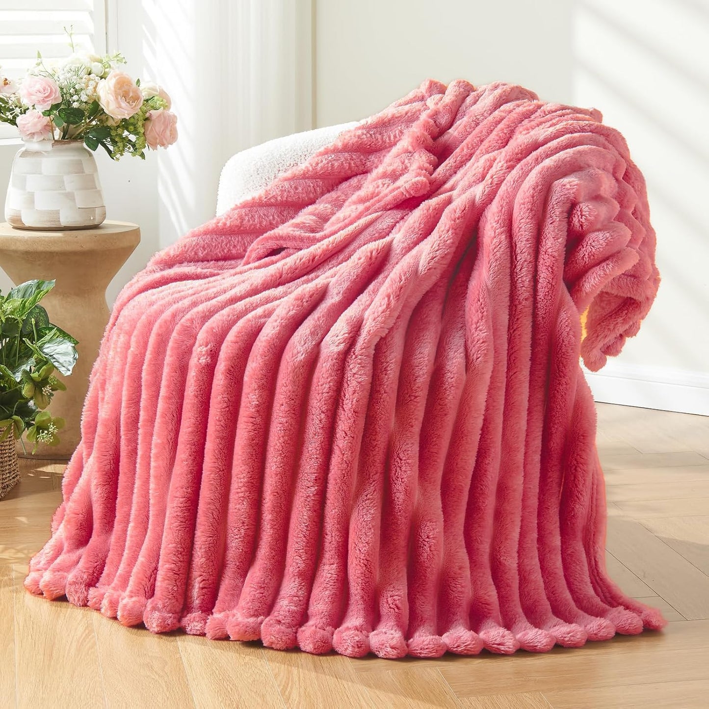 NEWCOSPLAY Super Soft Throw Blanket Coral Pink Premium Silky Flannel Fleece 3D Ribbed Jacquard Lightweight Bed Blanket All Season Use (Coral Pink Ribbed, Throw(50"x60"))