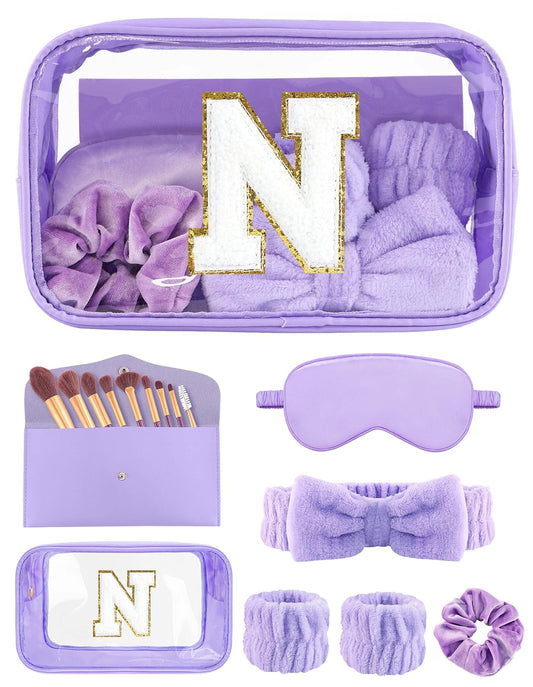 Gift Sets for Women, Initial Makeup Bag with Makeup Brush Set Bachelorette Party Favors, Purple Spa Kit with Skincare Headbands Wrist Bands Sleepover Party Supplies Gifts for Teen Girls Bridesmaid N