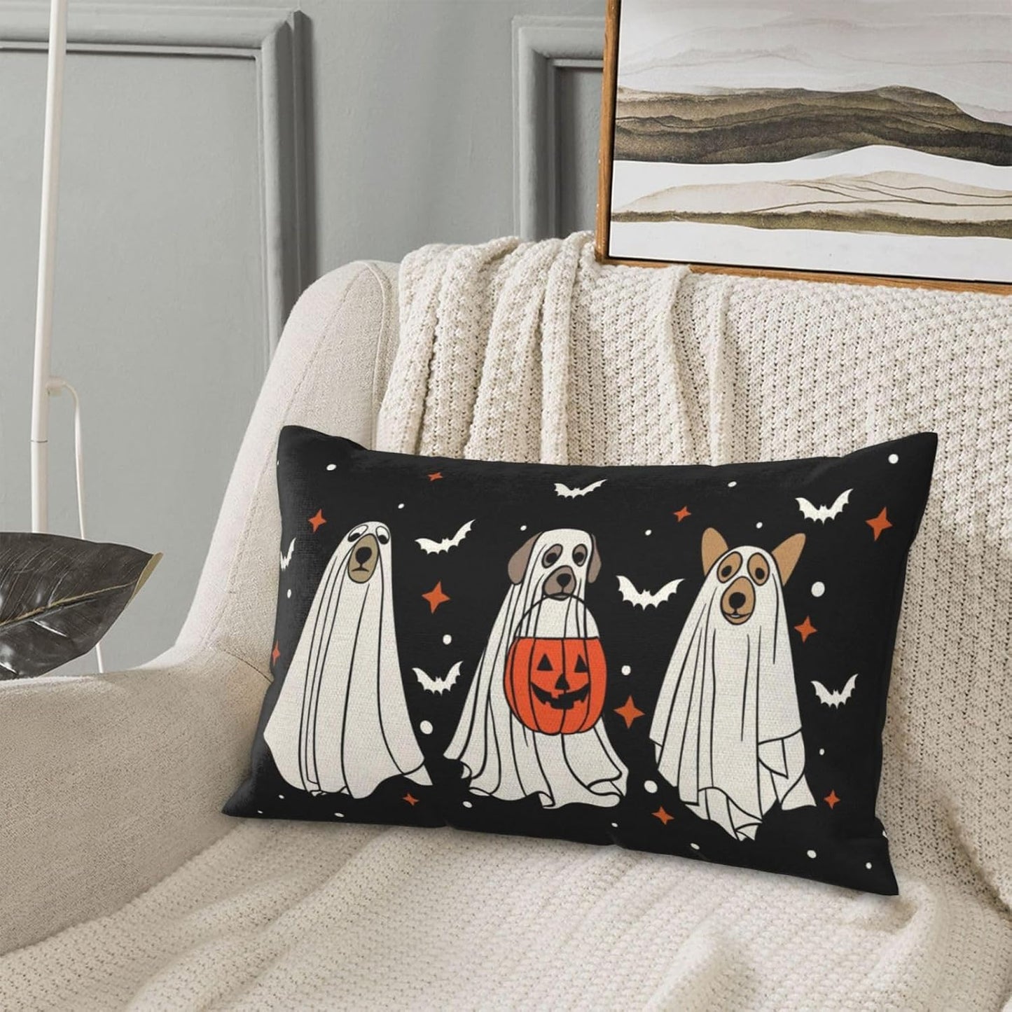 Halloween Pillow Covers 12x20 Pack of 2 Black Beige Dogs Bat Throw Pillow Covers Outdoor Decor,Autumn Holiday Decoration Black Pillowcase Farmhouse Linen Decorative Cushion Case for Couch Sofa