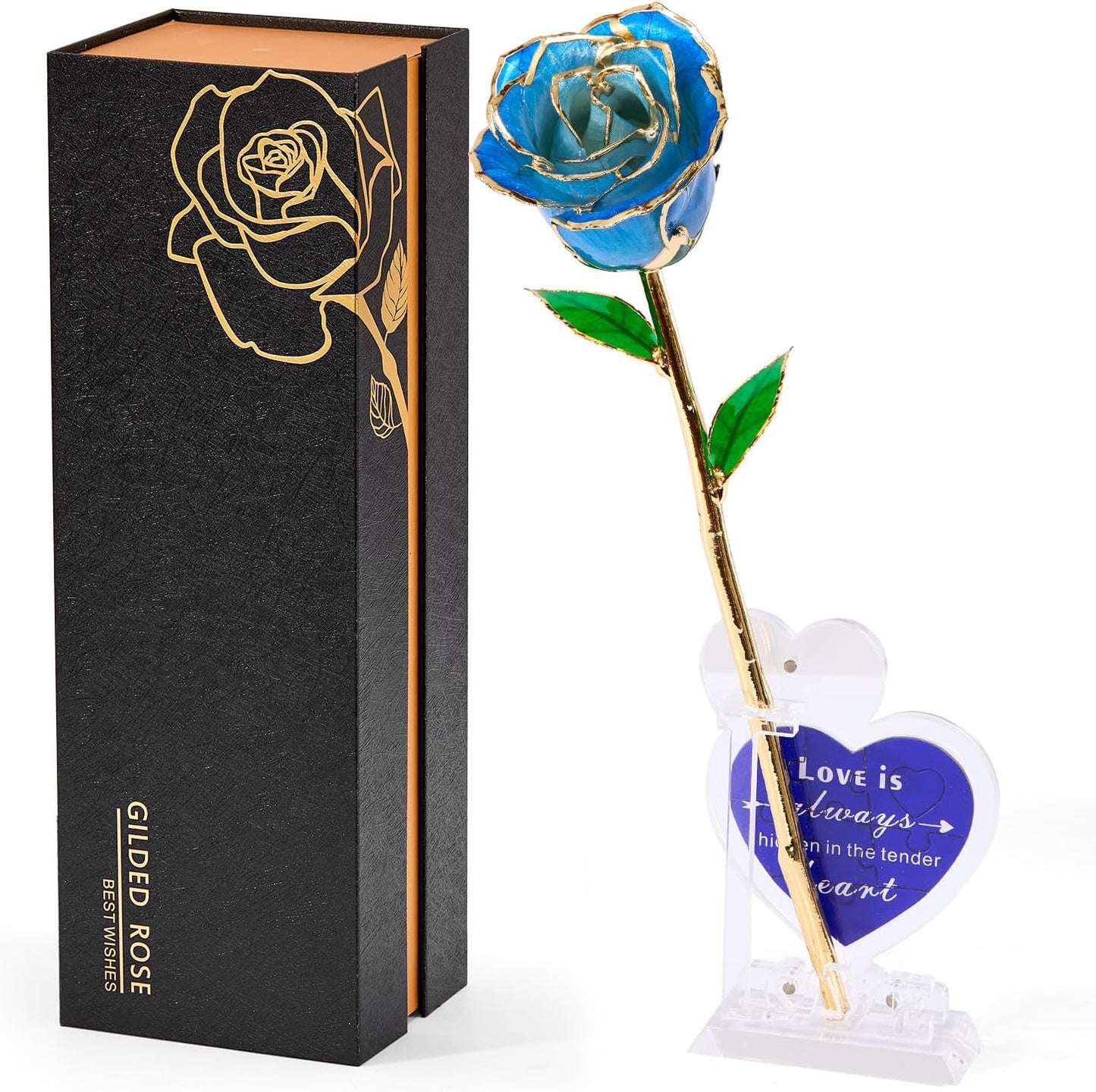 Mikasol Real 24K Gold Dipped Realistic Rose – Timeless Lifelike Bloom with Heart Puzzle Base – Romantic Gradient Blue Flower Gift for Her, Wife, Girlfriend, Mom – Birthday, Anniversary, Mother’s Day