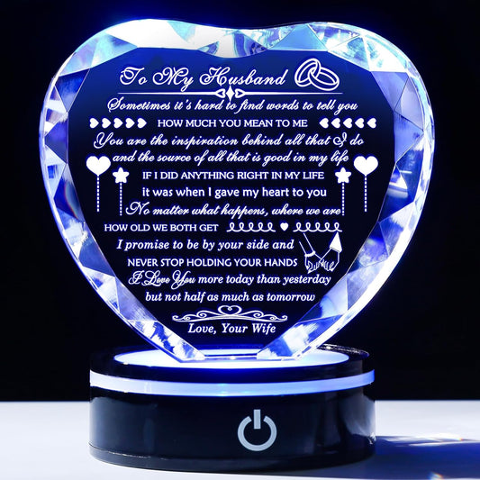 Gifts for Husband with Colorful LED Base Romantic Anniversary Wedding Gifts for Men Crystal Heart to My Husband Birthday Gift from Wife I Love You Gifts for Him on Valentine's Fathers Day Christmas