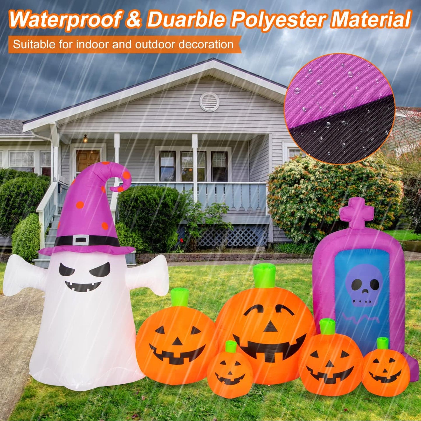 Halloween Decorations Outdoors 8FT Long Inflatable Pumpkin with Ghost and Skull Tombstone Scary Blow Up Halloween Pumpkin Decoration Built-in LEDs for Party Garden Lawn Decor