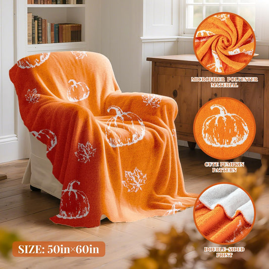 Lanpn Fall Pumpkin Throw Blanket, Cozy Sherpa Pumpkins Blankets for Sofa Couch, Soft Reversible Throws Autumn Orange Knit Blanket, Farmhouse Chair Bed Home Dorm Thanksgiving Decor, 50"x60"